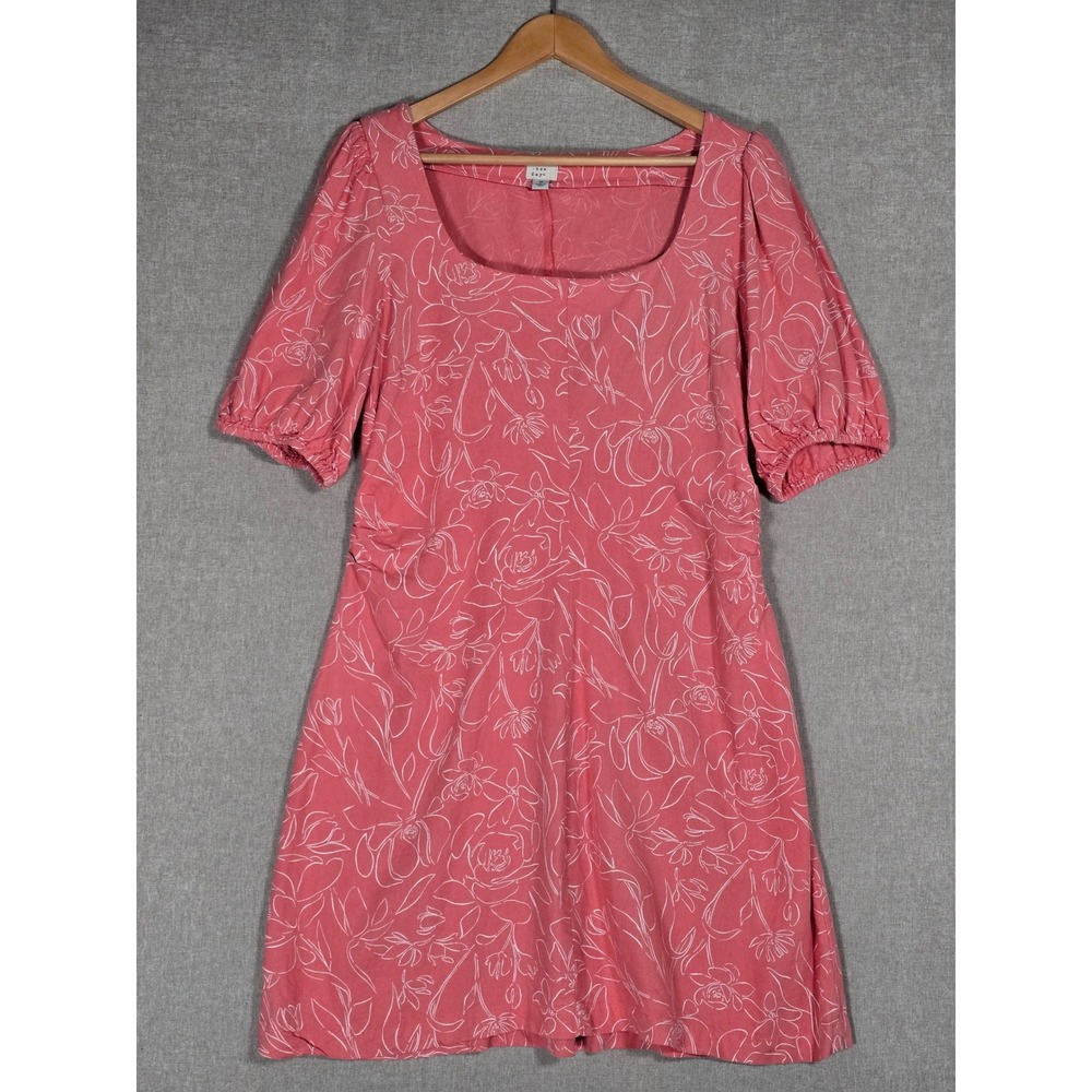 A New Day Women's Coral Pink Floral Linen Blend Puff Sleeve Dress 10